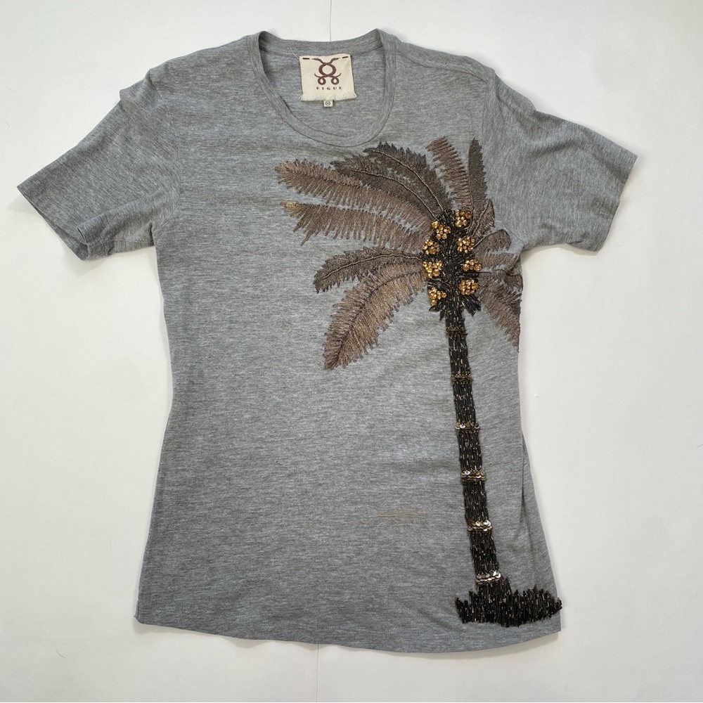 Fugue Vintage Gray Short Sleeve Tee with Beaded Palm Tree Design